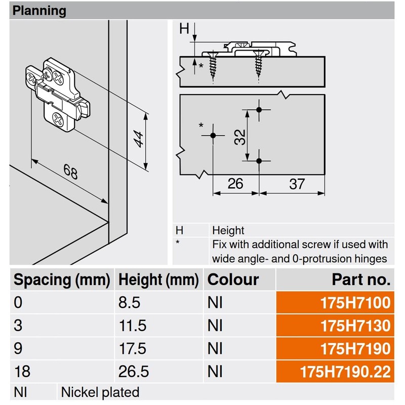 Blum B175H7 3mm Die Cast Screw On Frameless Clip Mounting