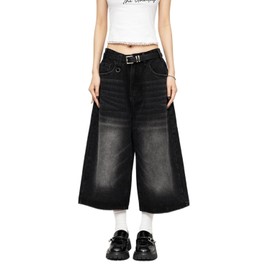 POHADON Women Y2k Baggy Jorts Vintage Wide Leg Long Jean Shorts Loose Fit Capri Denim Shorts Trendy Grunge Vintage Streetwear (Dark Gray,XL)