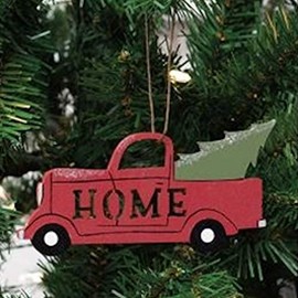 Hearthside Home Wood Red Truck w/Christmas Tree & Faux Snow Ornament - Country Rustic Farmhouse Christmas