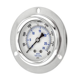 PIC Gauges PRO-204L-254I Panel Mount Front Flanged Glycerin Filled Industrial Pressure Gauge w/ SS Case, Brass Internals, Plastic Lens, 2.5" Dial, 0/400 psi Range, 1/4" Male NPT