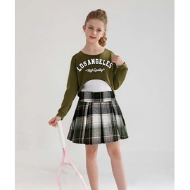Yhnslsf Girls Outfits 3 Piece Clothing Set Age 13-15 Army Green Girls Tank Tops Plaid Mini Skirt Long Sleeve Letter Print Crop Sweatshirt Teen Clothes Size 14 for Girl Fall Winter Plaid Skirts Suit
