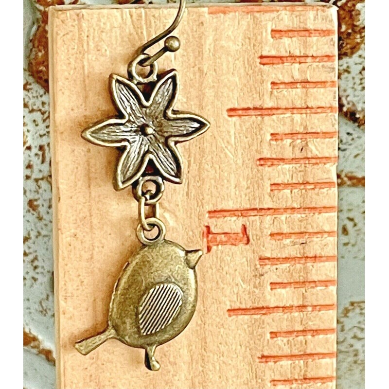 Bronze Bird and Flower Dangle Earrings Nature Spring. Jewelry Earrings
