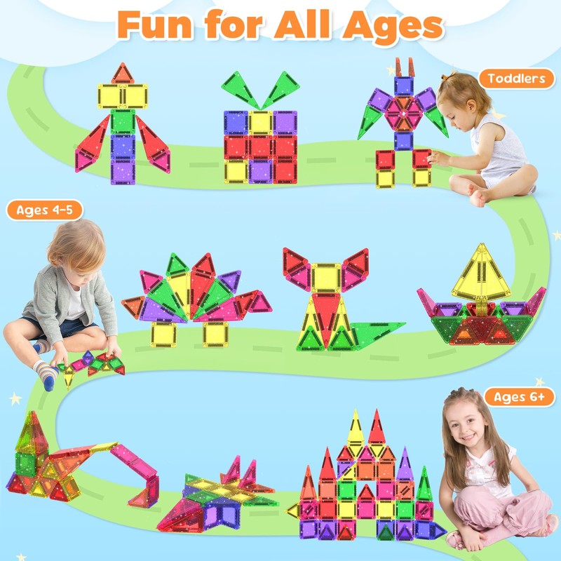 Anyeve 46PCS Glitter Mini Magnetic Tiles Travel Set with Storage