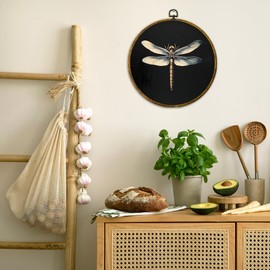 QZQE Vintage Dragonfly Round Wall Art Decor Framed, Dark Academia Moody Dragonfly Circle Canvas Prints, Rustic Nature Aesthetic Circular Wall Hanging Decor for Home Bedroom Living Room, 10x10 Inch