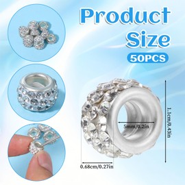 50pcs Large Hole Rhinestone European Beads 11mm Diamond Bead Sparkly Rondelle Spacer Beads Bling Rhinestone Hair Bead for DIY Bracelet Necklace Earring Crafts Jewelry Making