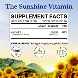 Vitalitown Vitamin D3 5000 IU, 360 Softgels, Non-GMO, No Gluten & Soy, for Bone, Teeth, Immune, Heart & Muscle Health