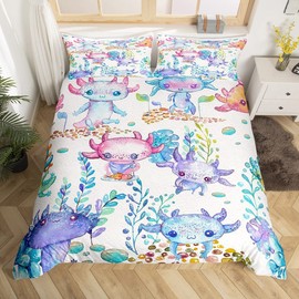 Cartoon Axolotl Bedding Set Kawaii Axolotl Comforter Cover for Kids Boys Girls Teens 3D Animals Duvet Cover Breathable Salamander Watercolor Bedspread Cover Quilt Cover Single Size