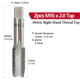 2Pcs M16x2.0 Metric Right-Hand Thread Tap, Hand M16 x 2.0 Taper & Plug Thread Tapping Tool for Cutting Internal Threads, Made of Alloy Tool Steel
