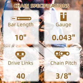 3 Pack 10 Inch Chainsaw Replacement Chain & Chain Saw Blade for Worx WG322, WG323, WG322.9, WG323.9-40 Drive Links, 0.043" Gauge, 3/8" LP Pitch