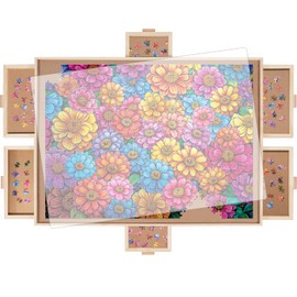 DIKASHI 2000 Pieces Rotating Puzzle Board with 6 Drawers, Lazy Susan & Transparent Cover, 40.1"x28.5" Portable Wooden Jigsaw Puzzle Board, Great Gift for for Puzzle Enthusiasts