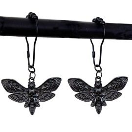 Moth Shower Curtain Hooks,12 Pcs Black Death Moth Skull Shower Curtain Rings Rustproof Metal Halloween Party Gothic Style Insect Theme Bathroom Decor(Black)