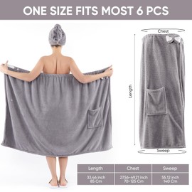 AUECOOME 6 Pcs Spa Robe Bath wrap Towels for Women Waffle Spa Wraps with Pocket Adjustable Closure Lightweight Towel Wraps for Bath Shower (Gray, Medium)