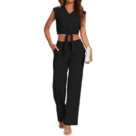 YETANLID Women's Business Casual Outfits Formal Jumpsuits 2024 Cap Sleeve V Neck Belted Crop Tops Wide Leg Pant Sets Casual Tracksuit Black L