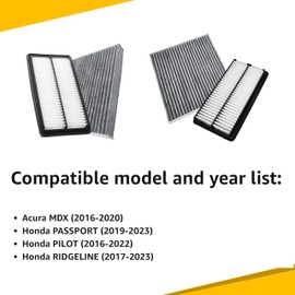 Engine & Cabin Air Filter For PASSPORT (2019-2023), PILOT (2016-2022), RIDGELINE (2017-2023), MDX (2016-2020), Replacement for CA12061, CF10134, 80292-SDA-A01