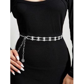 Liutufy Women's Double Row Crystal Belt Chain - Adjustable Metal Rhinestone Body Links with Loose Dresses (Silver S)