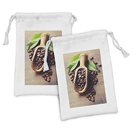 Ambesonne Coffee Fabric Pouch Set of 2, Beans on the Old Table Morning Drink Waking up Rustic Theme Leaves Beans, Small Drawstring Bag for Toiletries Masks and Favors, 9" x 6", Pale Caramel Green