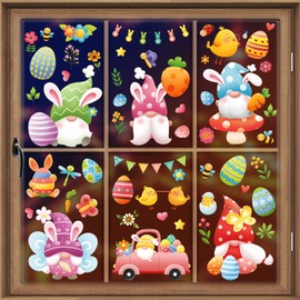 AhfuLife Easter Window Cling 66 Pcs, 9 Sheets Larger Easter Gnomes Window Stickers, Easter Bunny Window Stickers and Easter Eggs Spring Window Cling for Home, Office, School Party Decoration Supplies
