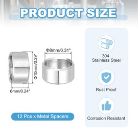 PATIKIL 12 Pcs Stainless Steel Spacers, 8mm ID x 10mm OD x 6mm Height 304 Stainless Steel Bushing Screw Standoff Unthreaded Round Spacer for 5/16"M8 Screws Bolts Nuts