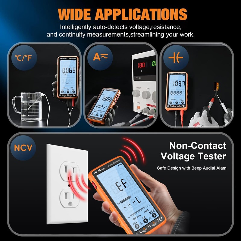 FKM Digital Multimeter Tester Auto-Ranging TRMS 6000 Counts Smart Rechargeable