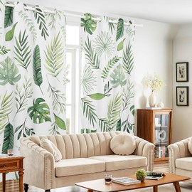 Green Blackout Curtains for Bedroom, Leaf Print Boho Window Curtains 84 Inches Length 2 Panels Set Noise Reducing Thermal Insulated Window Drapes for Living Room,52" W x 84" L