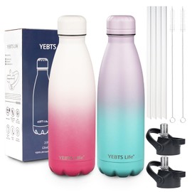 Insulated Water Bottle,2 Pack-9oz Stainless Steel Water Bottles with straw lid,Metal Sports Thermos Water Bottles for Boys,Girls,Double Wall Vacuum BPA-Free Flask for School (Sunset & Sea)