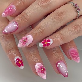 CECOBAG 24pcs Medium Press-On Almond Nails, Spring Pink Flower Tip Nails with Pearls Reusable Artificial Nails for Women DIY Nail Art Kit