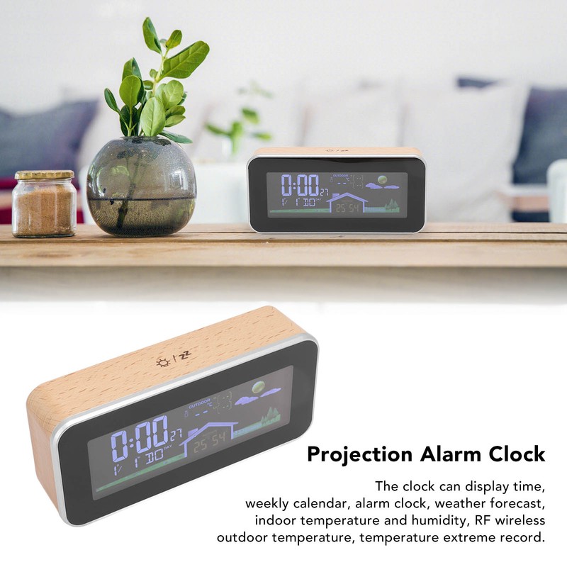 Digital Projection Alarm Clock VA HD Color Screen Wooden Weather