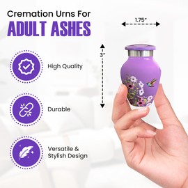 Toseng Memorials - Urns for Human Ashes Adult Female, Burial Urns, Decorative Urns, Funeral Urns, Cremation Urns for Women and Men - Purple, Hummingbird, 1 Small Keepsake