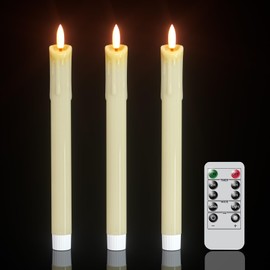 DRomance Dripping Flameless Taper Candles Flickering with Remote and Timer Battery Operated LED Taper Candle Real Wax 3D Wick Dinner Wedding Christmas Holiday Indoor Decor(3 Pack Ivory, 0.78" x 9.7")