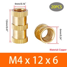 Qrity Pack of 20 Threaded Inserts, M4 x 12 x 6 mm Embedding Nuts, 3D Printing Brass Nuts, Brass Threaded Bushings for 3D Printing Components and Plastic Parts