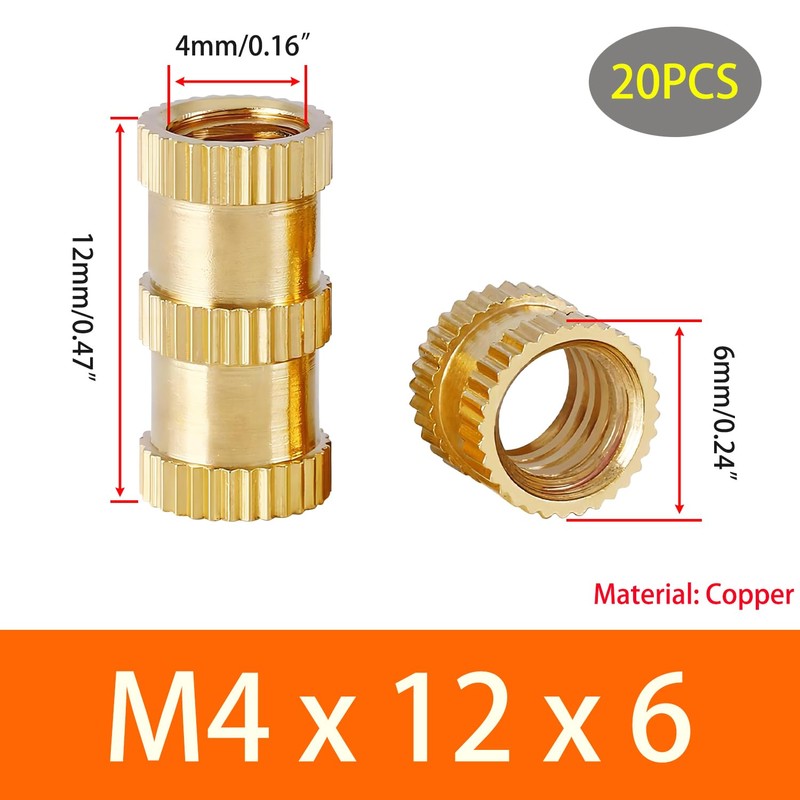 Qrity Pack of 20 Threaded Inserts, M4 x 12 x