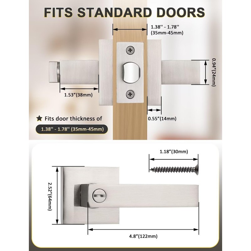 Tinewa 5 Pack Privacy Square Brushed Nickel Door Handles Interior,