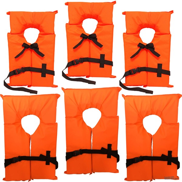 Hardcore Water Sports 6 Pack Type II Neon Orange Life Jacket Vest - 3 Youth & 3 Adult Boating PFD