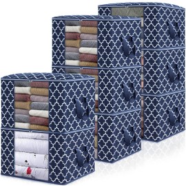 WISELIFE Storage Bags, Large Blanket Clothes Organization and Storage Containers for Bedding, Comforters, Foldable Organizer with Reinforced Handle, Clear Window,Sturdy Zippers,(Blue, 8 x 100L)