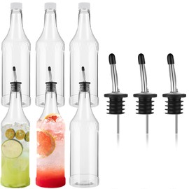 Dandat 6 Pack 32 oz Plastic Long Neck Bottles with 6 Pourer and Caps Plastic Juice Pour Bottles with Stainless Steel Bottle Pourer Tapered Spout for Liquor(Silver Bottle Pourer)