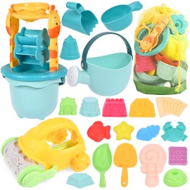GOLDGE Sandspielzeug Set, 29Pcs Bunte Strandspielzeug Sandspielzeug Set mit Auto Eimer Schlossformen Netztasche Wasserspielzeug für Jungen Mädchen