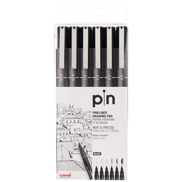 Uni Pin Fineliner ドローイングペン スケッチセット ブラックインク 0.03~0.8mm 6本セット