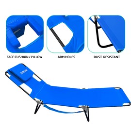 EASYGO PRODUCTS Chaise Lounge Chair Face & Arm Holes-2 Legs Support-Polyester Material – Backrest Positions-Head Rest Pillow-Beach or Home Use-Read and Tan, Ecochair-Blue