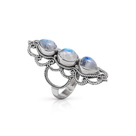 Koral Jewelry Moonstone 3 Stones Ethnic Vintge Gipsy Multi Stone Ring 925 Sterling Silver Vintage Tribal Gipsy Boho Chic (8)