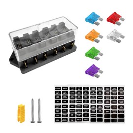 Yourkar 6 Way Blade Fuse Block Box Holder, 6 Circuit Fuse Box with Blade Fuses Screws Fuse Extractor Label, 10-32V DC Waterproof Marine Power Distribution Panel for Car Truck SUV