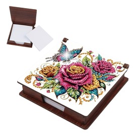 JZHYOAN Flower Diamond Art Wooden Note Box Reusable Portable Notes Holder Message for Desk Notepad Holder Dispenser DIY Special Shape Diamond Painting Note Storage Box for Office Organizer