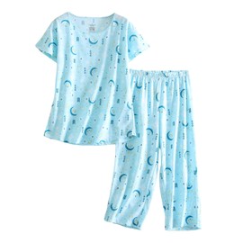PNAEONG Women’s Pajama Set - Cotton-Blend Short-Sleeve Loose Top with Matching Capri Bottoms SY215-Blue Moon-XL