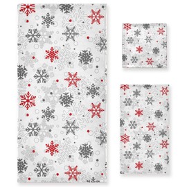 Merry Christmas Winter Snowflakes Towel Set 3 Pcs Xmas Red Snow Ice Flowers Bath Hand Towels Soft Thin Durable Towel Multipurpose for Home Bathroom Hotel Gym Swim Spa Decor