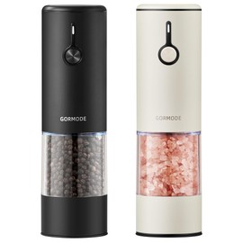 Stainless Steel Rechargeable Electric Salt and Pepper Grinder Set, USB Charging with Dust Cover, 6 Adjustable Grinding Modes + LED Light 2packBlack+Cream