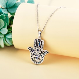 AXOMY Hamsa Hand Necklace 925 Sterling Silver Hand of Fatima Pendant Necklace Hamsa Hand Jewelry for Women