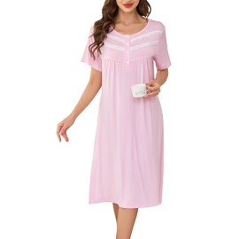Lovasy Women's Nightdresses & Nightshirts Soft Modal Nighties for Women Short Sleeve Ladies Nighties Nightdress Button Down Night Dress Women UK Casual Nighty Nightwear with Pockets,Light Pink,XL