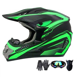 Motocross Helmet,Youth & Adult ATV Dirt Bike Motorcycle Helmet, BMX 4-Wheeler Off-Road Mountain Bike,DOT Certified,W/Gloves Goggles Mask 4-Piece Set (Green, XL)