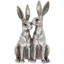 THORNE ANTIQUES AND COLLECTABLES Mr & Mrs Hare Ornament - Pair of Hares Statue in Choice of Colours (Silver)