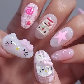 Strawberry Cozy Cat's Homemade Nail Tips - Long Ballerina / 딸기포근냥이 수제네일팁 - 롱발레리나