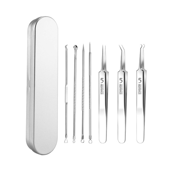 Qaixwuyi 7-Piece Tweezers Set, Blackhead Remover, Pimple Squeezing Tool with